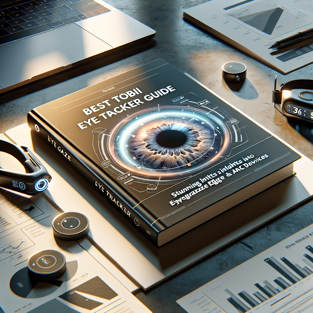 High-quality, photorealistic image depicting a modern guide book titled 'Best Tobii Eye Tracker Guide: Stunning Insights into Eyegaze Edge & AAC Devices'. It's set in the year 2025. The cover of the book features imagery related to eyegaze technology and AAC devices. The scene is illuminated with natural lighting, casting soft shadows. The setting suggests a calm, educational environment with an open laptop showing details of the eye tracking technology, some hi-tech wearable eye tracking devices nearby and a few printed pages with graphs and pie-charts scattered around.