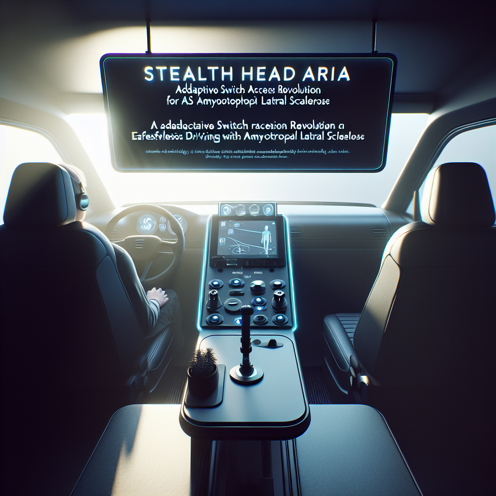 Visualize an innovative technology named Stealth Head Array; it serves as an adaptive switch access revolution for effortless driving by people with ALS (Amyotrophic Lateral Sclerosis). The setting is lit by natural light creating soft shadows. Please ensure that the image reflects this advanced, thoughtfully designed equipment helping ease mobility for ALS patients. Show it installed in a vehicle, with a special focus on its interactivity elements, ergonomics, and user-friendly features. Clearly illustrate how this technology might interface with various vehicle controls, enabling more independence for those who use it.