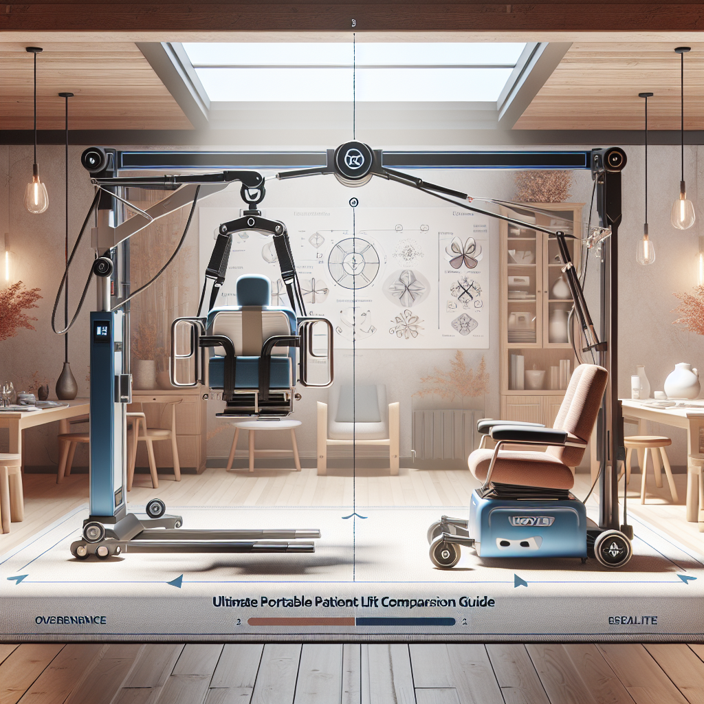 An informative composition showing an overhead track lift and a Hoyer portable patient lift, side by side for a comparative analysis. Highlight the unique features, design elements, and usability factors of each. The environment should demonstrate natural lighting and cast soft shadows, signifying an indoor, home care setting. Include a visible 'Ultimate Portable Patient Lift Comparison Guide' title to connote an educational perspective. Please note this is for representation purposes only and doesn't constitute a comprehensive comparison guide.