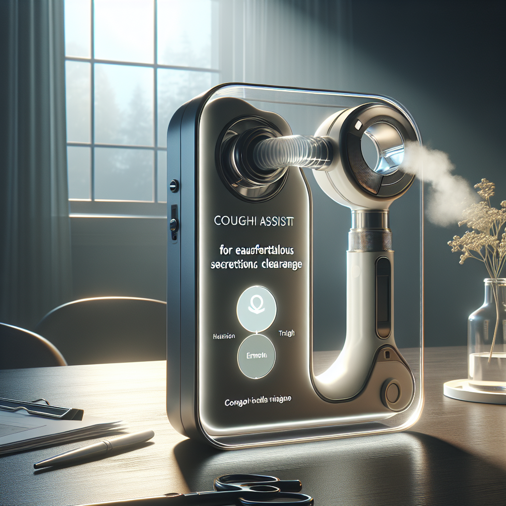 Create an image showcasing a Mechanical Cough Assist device, emphasizing its purpose and importance as a solution for effortless secretion clearance. The scene should be visually inviting, enhanced by natural lighting and soft shadows to highlight the product's details and user-friendly interface. Add a visually pleasing mixture of light and shadow to give depth to the surroundings. The device should look sleek and modern, an embodiment of advanced, effortless health technology.