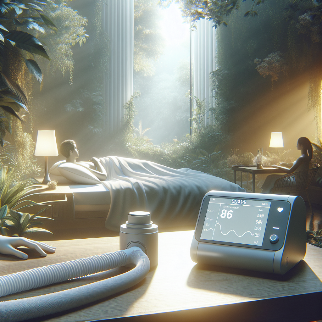 Create a high-quality, photorealistic image that demonstrates the concept of BiPAP ST ALS. The image should depict a serene setting where users are interacting with the AVAPS mode settings in a life-changing way. The setting is filled with natural lighting and soft shadows to emphasize the ease and transformation the machine brings to the lives of its users. The atmosphere is calm and reassuring.