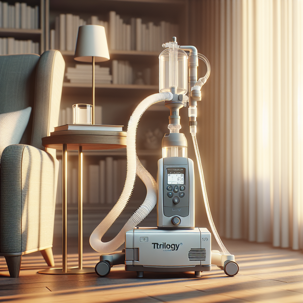 A detailed and high-quality image of a Trilogy Ventilator in a home environment. The device is designed to be affordable and easy to set up, indicated by simple user-friendly controls and convenient portable size. The ventilator is for helping patients with ALS (Amyotrophic lateral sclerosis). The setting features soft natural lighting that creates a comforting and warm atmosphere. The room is well-organized, possibly a corner of a living room, with a reading chair next to the ventilator. Subtle shadows play across the room, adding depth and realism to the scene.