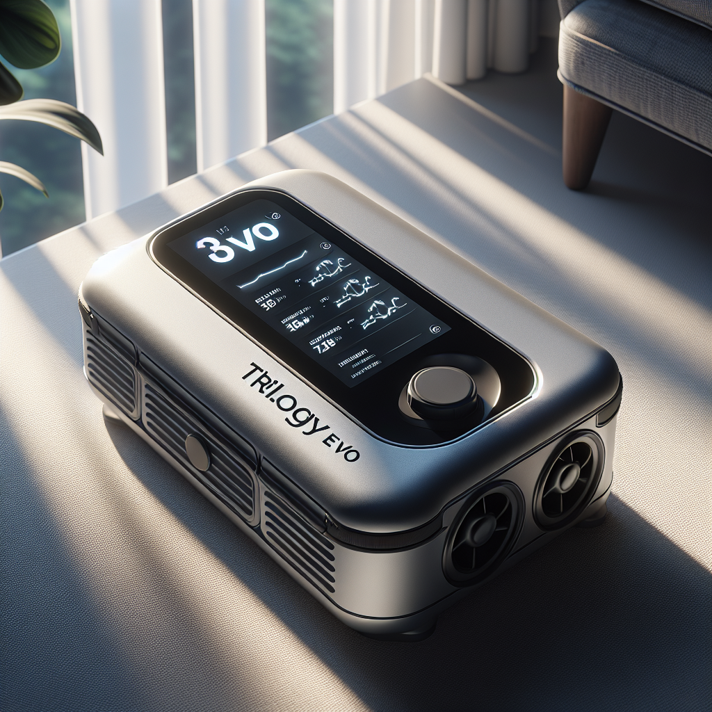 Design a photorealistic image of the Trilogy Evo, a must-have, travel-friendly ventilation system designed with the comfort and medical needs of ALS patients in mind. The device needs to be compact and portable. The scene should be lit with natural lighting, casting soft shadows onto the environment to highlight the sleek and compact design of the vent. The vent should appear sturdy, reliable, and high-quality, with an intuitive interface that showcases its sophisticated technology while still being user-friendly.