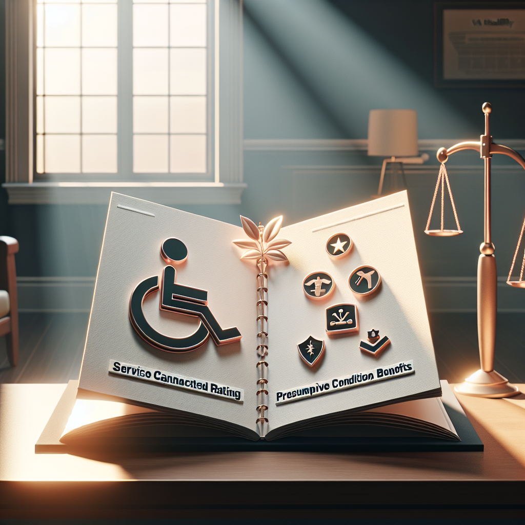 Create an image that conveys the concept of Service Connected ALS. The setting should be a room with soft shadows and natural light filtering through a window. In the room, have an open book where the left side page covers the theme 'VA Disability Rating' and the right side page on 'Presumptive Condition Benefits'. Images should include relevant symbols or icons like a wheelchair, military symbols, a health cross symbol, legal scales, etc. The style should be photorealistic.