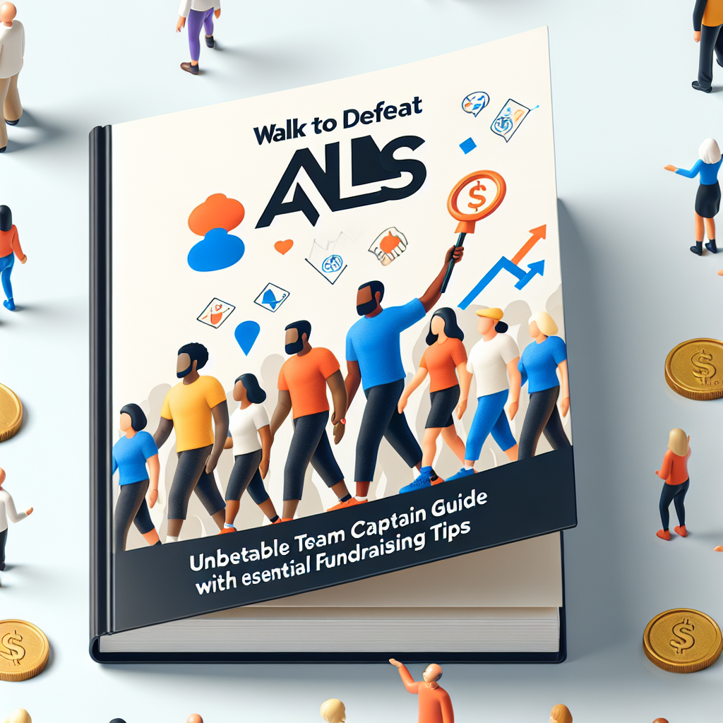 Generate a high-quality, photorealistic image showcasing a guidebook cover with the title 'Walk to Defeat ALS: Unbeatable Team Captain Guide with Essential Fundraising Tips'. The cover should display engaging visual elements, including figures of people from diverse descents (Caucasian, African, Asian, Hispanic, and Middle Eastern) actively participating in a walkathon, with visually distinguished team captains leading every ethnic group. The image should also contain symbols that indicate tips for fundraising, such as coins, donation boxes, or charts showing growth. Use natural lighting and soft shadows to create a welcoming and encouraging aesthetic.