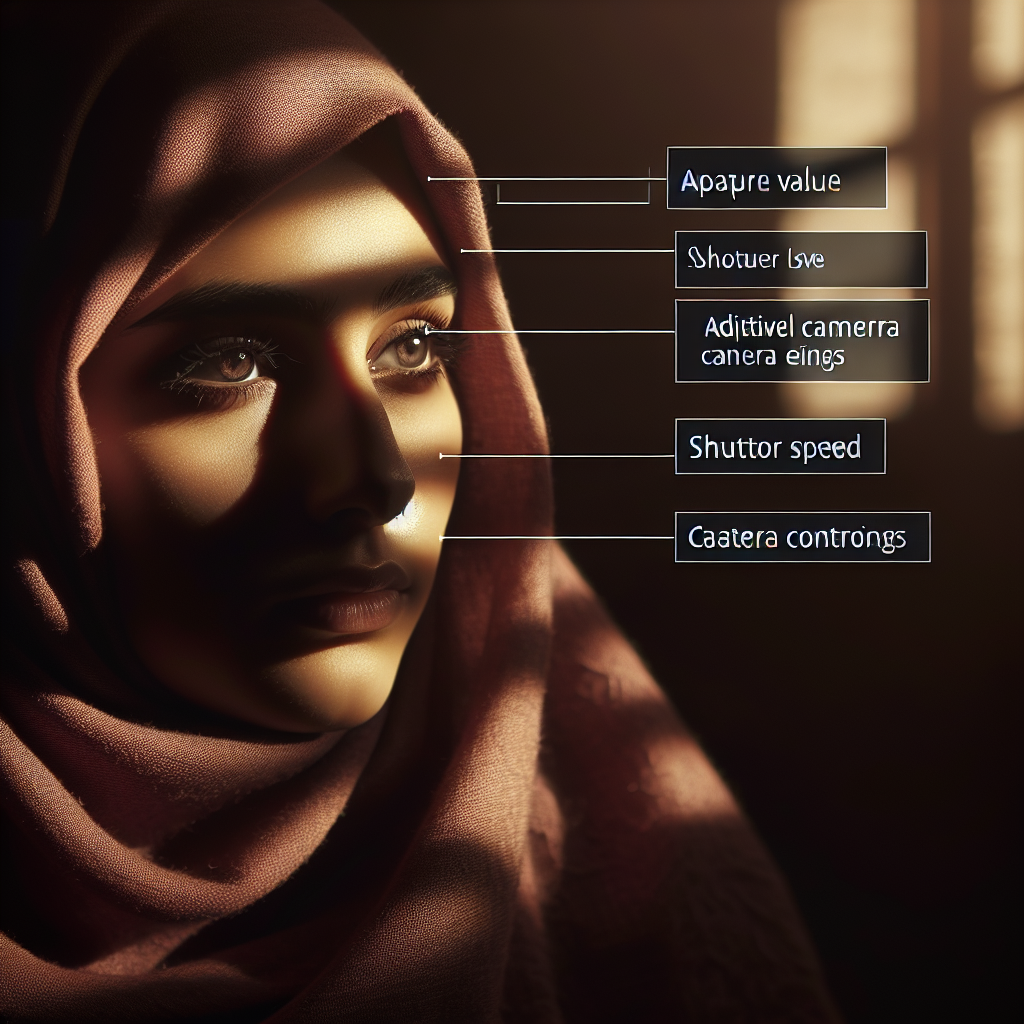 Create an image that epitomizes eye gaze photography. The scene should capture the soulful gaze of a person of Middle-Eastern descent, delicately lit by soft natural lighting, casting gentle shadows across the face. In the background, subtly place adaptive camera settings like aperture value, shutter speed, and ISO levels, indicating the flexibility of camera controls in creative expression. The image should tell a story of profound emotion and artistic exploration.