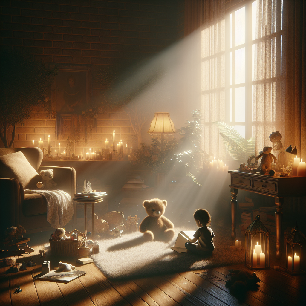 Generate an emotionally evocative, high-resolution image that subtly symbolizes the journey of a child, of unidentified gender and descent, facing the loss of a parent due to ALS. The scene should emphasize the importance of grief support strategies. Display soothing natural lighting and soft shadows to suggest a safe, nurturing environment. For example, depict a softly lit room with comforting objects such as a cherished memento from the parent, a journal for expressing feelings, and supportive adults at a distance who subtly represent guidance and understanding. The heartfelt essence of the story should be the focus. The overall atmosphere should be one of resilience and unfolding strength in the face of adversity.