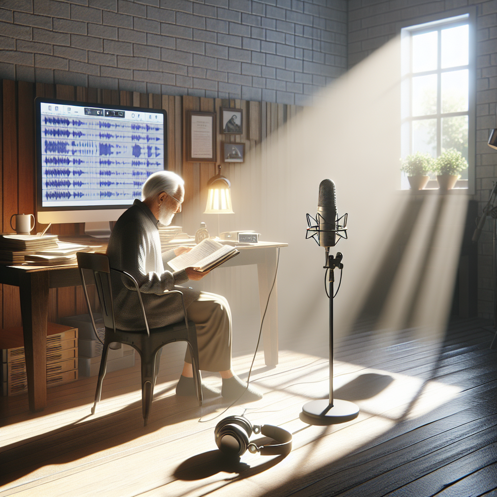 A photorealistic image portraying a scenario related to the legacy project of recording life stories. The scene depicts a serene studio room bathed in natural lighting which casts soft shadows around. A microphone on a wooden desk, a pair of headphones, and a computer screen showing a recording interface can be seen, indicating the process of life story recording. An elderly person with a book full of notes in their hands is present, suggesting the document's content as the person's life story. The atmosphere of the space conveys the stunning, yet effortless process of crafting one's life story.