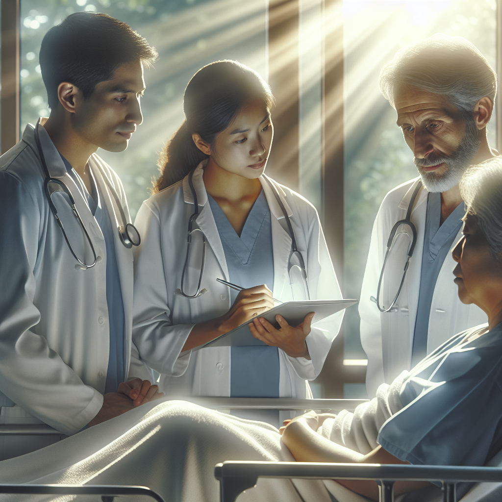 A scene conveying the essential role of the Symptom Management Team in the early stages of palliative care for ALS (Amyotrophic Lateral Sclerosis). It is a bright and clear day, with the soft lighting creating gentle shadows. A team of healthcare professionals, consisting of a South Asian female doctor, a Hispanic male nurse, and a Black female counselor, work together in harmony to provide care. They are discussing and coordinating, showing compassion and determination. Give particular emphasis on their facial expressions, symbolizing their shared victory in symptom management.