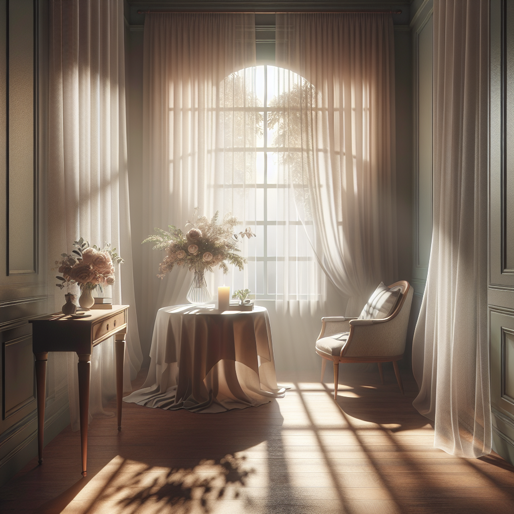 Generate a photo-realistic image that showcases a serene and peaceful setting. Visualize a quiet room with natural light filtering through sheer curtains, illuminating the room with soft shadows. The room contains a comfortable chair with a nearby table adorned with a vase of fresh flowers. A poetic representation of a peaceful journey, subtly referring to the final stages of life, without any explicit connection to specific illnesses or conditions.