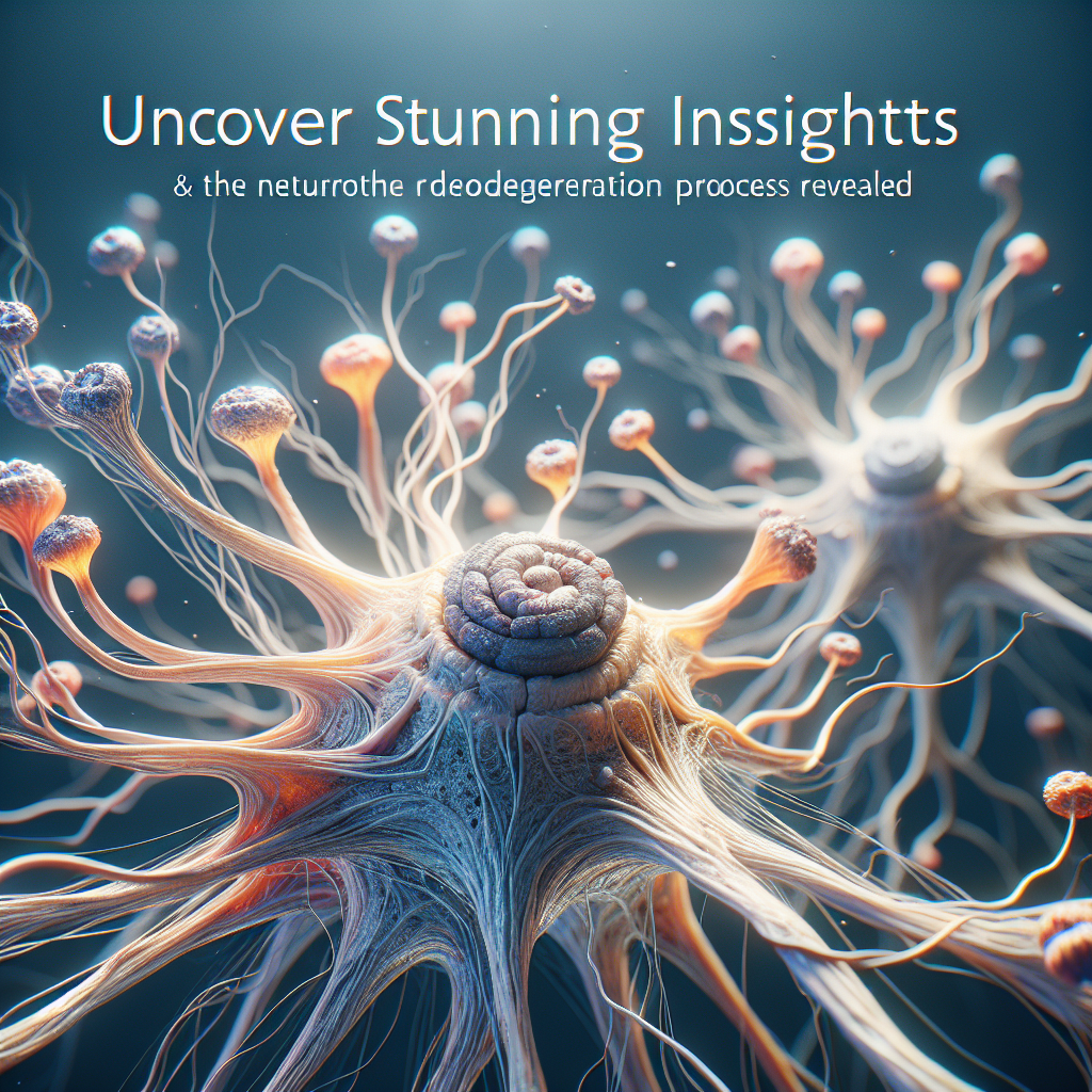 Craft a photorealistic image that explores the neurodegeneration process. This image should illustrate upper and lower motor neurons, vividly revealing the intricacies of their structure and how they are affected by the degenerative process. Use natural lighting and soft shadows to highlight the details of these neurons and to create depth in the image. The title 'Uncover Stunning Insights: Upper lower Motor Neurons & The Neurodegeneration Process Revealed' should be prominently displayed in elegant text, setting a tone of scientific discovery and intrigue.