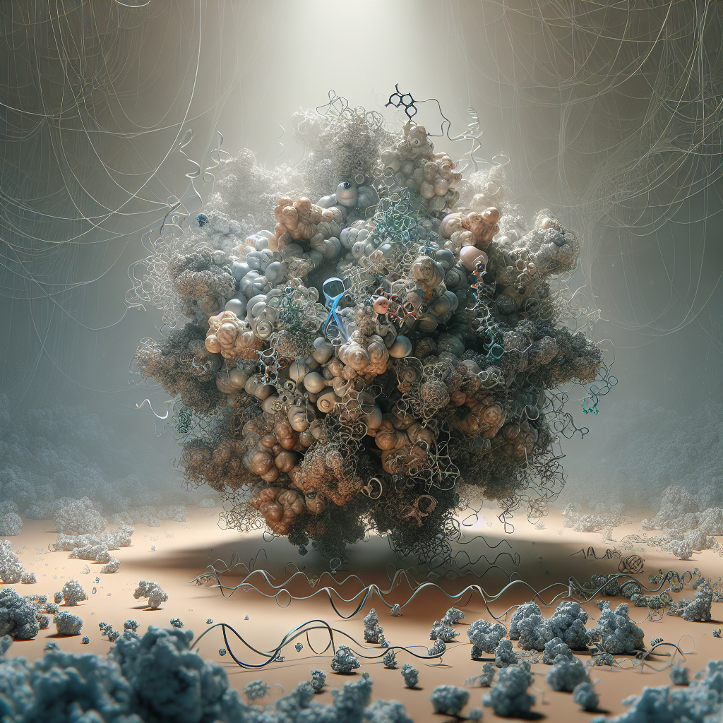 Show a photorealistic depiction of a scientific scenario. In the center of the image, depict a large, intricate 3D model that represents TDP43 proteins aggregating, showcasing complex molecular bonding. The coloring should highlight different aspects of the molecules, intricate enough to illustrate their uniqueness. The surrounding environment should hint at the battle against protein clearance failure, possibly with half-cleared proteins fading away in the background. Use natural lighting and soft shadows to create a sober but engaging ambiance. The image should evoke the feeling of untangling mysteries and fighting against protein-related health issues.