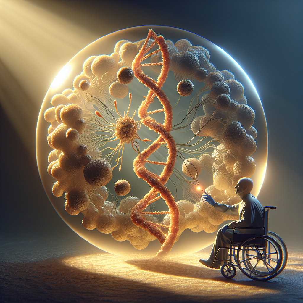 Create a high-quality, photorealistic image illuminating the significant discovery in scientific research. The focus is on the 'Super Oxide Dismutase 1' gene, which is recognized for being the first discovered gene linked with ALS (Amyotrophic lateral sclerosis). The image should celebrate groundbreaking insights into this critical medical research, employing natural lighting and soft shadows to give it a dramatic, yet credible visual representation.