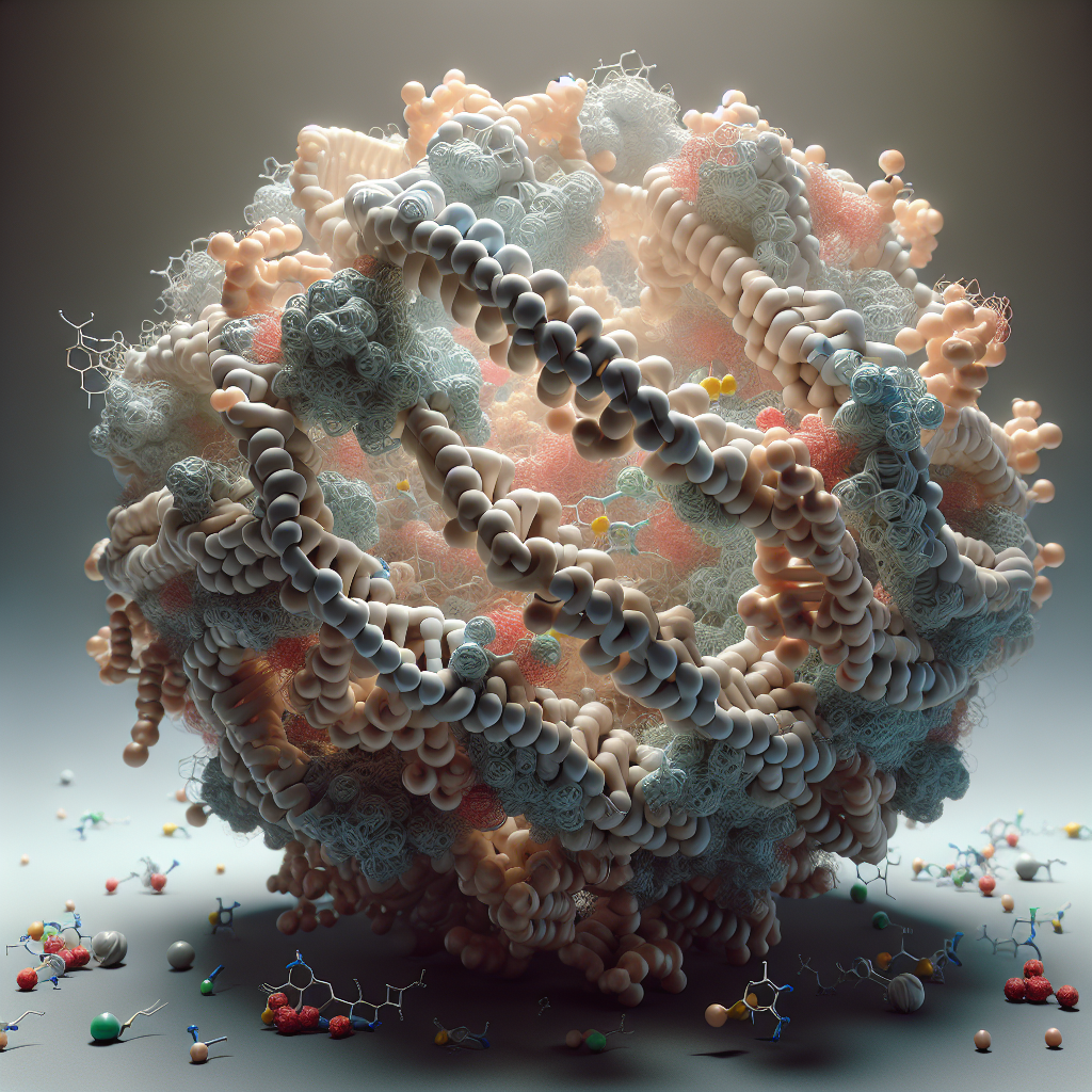 Visualize a realistic representation of a conceptual molecular art. The focus is on RNA Binding 15, with subtle indications of exclusive insights into FUS and TARDBP genes in ALS (Amyotrophic lateral sclerosis). In this image, the structures are designed intricately, revealing their interactions and connectivity. The lighting employed makes use of natural illumination creating soft shadows, making it a visually appealing but scientifically accurate representation. Attention is drawn to details, including colors and textures representing different elements within the genes.