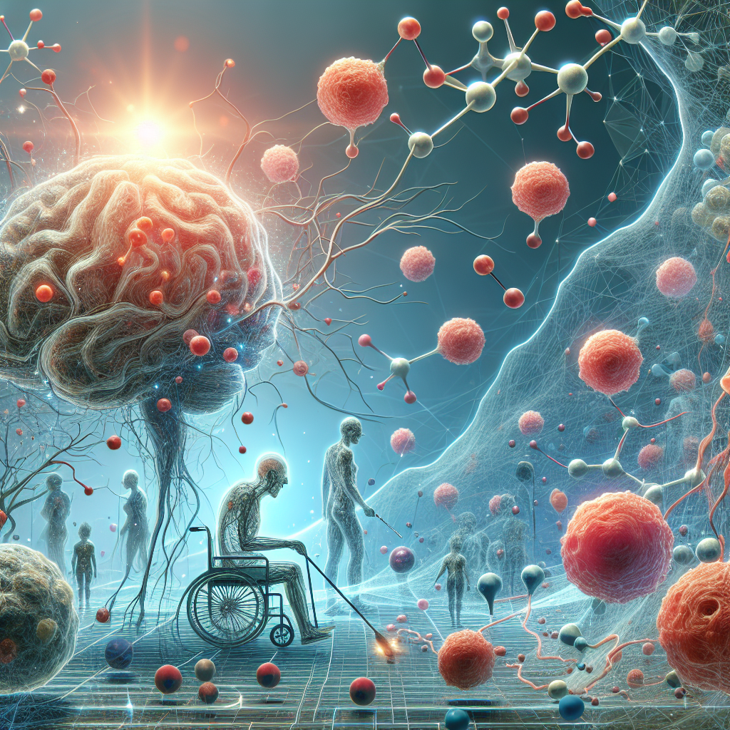 Create a detailed, high-quality illustration depicting the concept of Glial Pathology in ALS. The visual should metaphorically show the failure of supportive cells which are crucial in health preservation. Apply a seamless blend of biological and abstract imagery. Emphasize natural lighting and soft shadows to enhance the scene's mood. The primary focus should be on molecular, cellular structures, and neural networks. The scene should not have any people but should be filled with scientific and symbolic elements representing ALS pathology in a nuanced way.