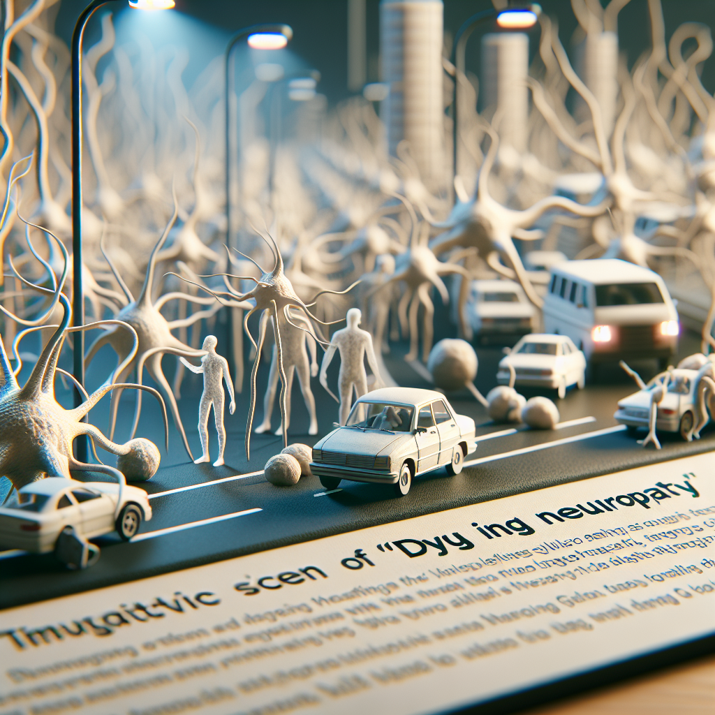 Imagine a creatively conceptual scene which represents a traffic jam of neurons symbolizing 'Dying Back Neuropathy'. Focus on realism and detail. The neurons should depict a scene of congestion, with bio-signals struggling to pass through. The lighting should be natural, casting soft shadows. The scene could further be infused subtly with hues suggesting a medical context, such as sterile whites and slight tinges of calming blues. The neuropathy aspect should be lucid enough to invoke key insights into the condition.
