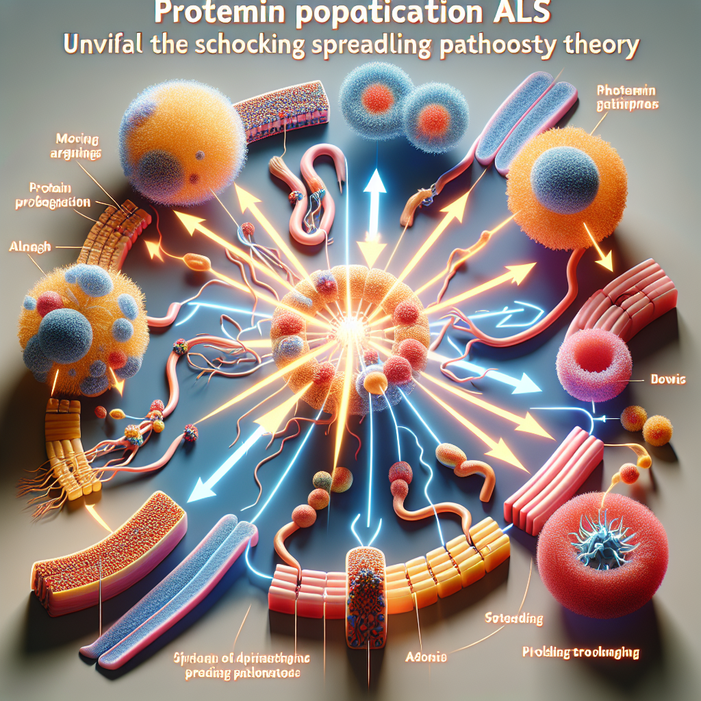 Create a diagram styled image illustrating the conceptual process of protein propagation in Amyotrophic Lateral Sclerosis (ALS). The image should expertly detail this spreading pathology theory through moving arrows and vivid color-coding to differentiate steps of the process. Focus on creating a photorealistic image with natural lighting and soft shadows. The title of the diagram should be 'Protein Propagation ALS: Unveiling the Shocking Spreading Pathology Theory'.