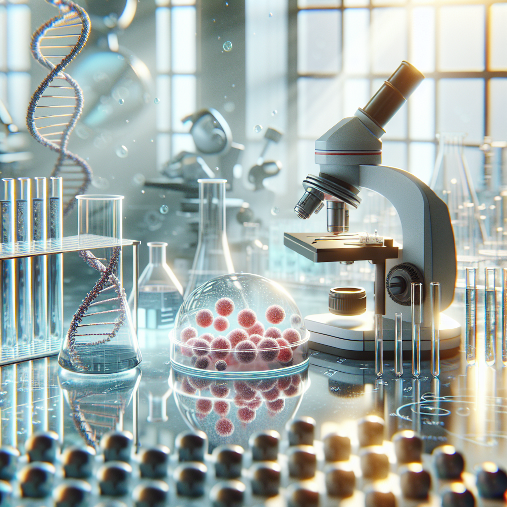 Generate a high-quality, photorealistic image illustrating a significant discovery in medical science, specifically related to hepatocyte growth factor therapy. The scene should show a glass lab scene bathed in natural light with soft shadows, possibly including a microscope, test tubes, DNA strands, and cells on a petri dish to symbolize this breakthrough.