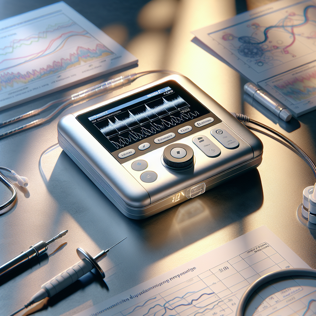 Visual interpretation of a breakthrough in the medical world. The scene shows a Dopamine Stabilizer device, which has been repurposed. The device is sleek and modern, with digital displays and user-friendly interfaces. It is under soft, natural light casting gentle shadows around it. Around it are more scientific equipment, charts, and graphs portraying its use in neuroprotection for patients with Amyotrophic Lateral Sclerosis (ALS). The mood of the scene is one of hope and achievement in science and medicine.