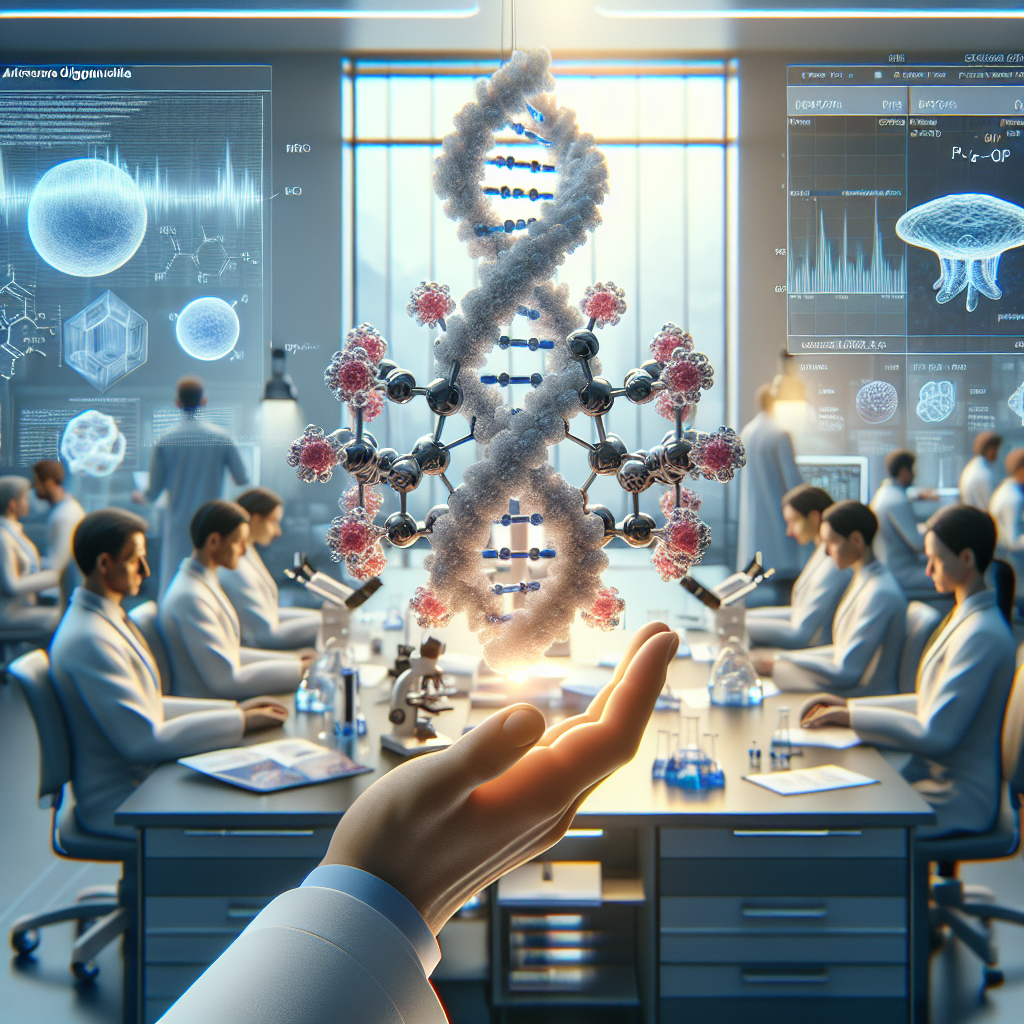 Create an image representing a scientific medical trial, specifically one dealing with a potential treatment method for FUS ALS. The image will be high-quality and photorealistic, with natural lighting and soft shadows. The centerpiece of the image will be a detailed depiction of the 'ION363 Antisense Oligonucleotide', represented as a 3D rendering of a molecular structure. This molecule is surrounded by scenes illustrating the clinical trial - researchers in lab coats scrutinizing data, patients participating in the trial, and medical equipment. The scene encapsulates the exclusive and pioneering nature of this medical endeavor.