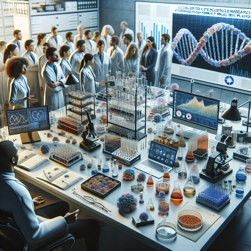 Generate a high-quality, photorealistic image using natural lighting and soft shadows. The scene should contain a well-organized table loaded with scientific research materials such as petri dishes, microscopes, test tubes, DNA models, charts, and computers displaying data graphs. Visible in the background, life science researchers of diverse genders and descents, possibly Caucasian, Hispanic, Black, Middle-Eastern, and South Asian, are deeply engaged in discussion. The focus of the scene is a billboard, prominently displaying the title 'Accelerated ALS Research: Stunning Discoveries from Multi-Drug Trial Platform'.
