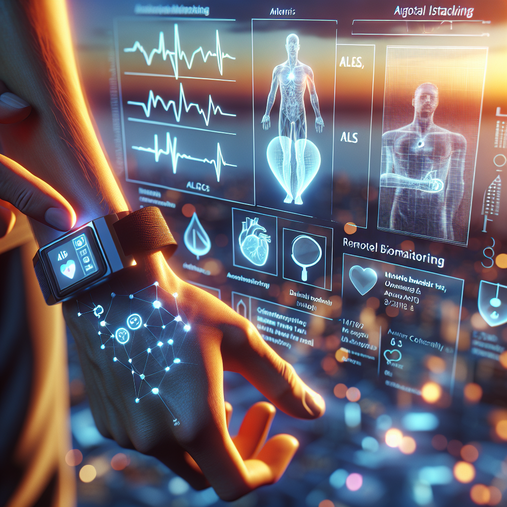 Imagine a scene that encapsulates the idea of remote monitoring of ALS (Amyotrophic Lateral Sclerosis). Picture effortless wearable sensors, small and sleek, fitted to an individual's wrist and chest. Focus on the sensor's advanced design, showcasing intricate circuitry and bio-tracking capabilities. Besides, ensure to illustrate the concept of digital biomarkers, perhaps through a hovering screen displaying heartbeat rate, oxygen level, and muscle activity related data. Make sure to cast soft shadows and use natural lighting, portraying a sense of comfort and ease, and infuse it with the high quality and photorealism.