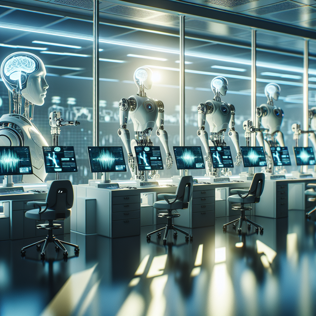 Envision a sophisticated laboratory featuring advanced robotics, illuminated by natural light with soft shadows dappering the room. These robots are in line with the cutting-edge neuro-technology advancements, enabled by potential devices like Neuralink for controlling through thoughts. Show these robots demonstrating control via monitors that display brain waves. The experiment is focused on improving the quality of life for patients with ALS. Overall, the image should epitomize the potential of futuristic biomedical research and neuroscience influencing advancement in robotics.