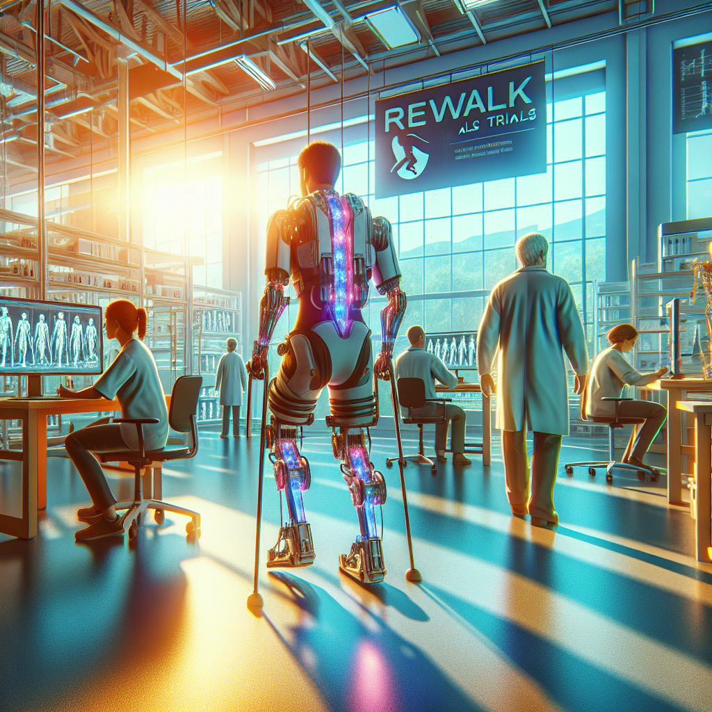A vivid scene illustrating a cutting-edge exoskeleton research project branded as 'Rewalk ALS Trials'. The image showcases individuals wearing the advanced exoskeleton in a well-lit lab with natural light streaming in from large windows, casting soft shadows around. The tests are in progress, showcasing the effortless mobility provided by the exoskeleton. The surroundings include details like lab equipment, researchers observing and taking notes, charts showing trial results, and signage that footnotes the Rewalk ALS Trials.