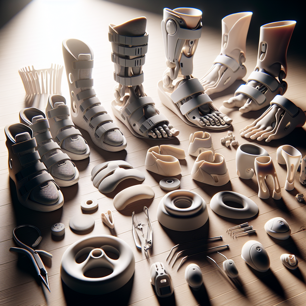 A stunning, photorealistic image that depicts an assortment of personalized orthotics designed for low-cost adaptations in ALS solutions. The picture is bathed in a natural lighting that casts soft shadows throughout. The orthotics range in sizes and types, catering to diverse body parts and individual patient needs. The focus is on the innovation, functionality, and affordability of these medical devices, demonstrating how they can enhance lives of ALS patients. The materials used in the orthotics show an emphasis on comfort and durability. 