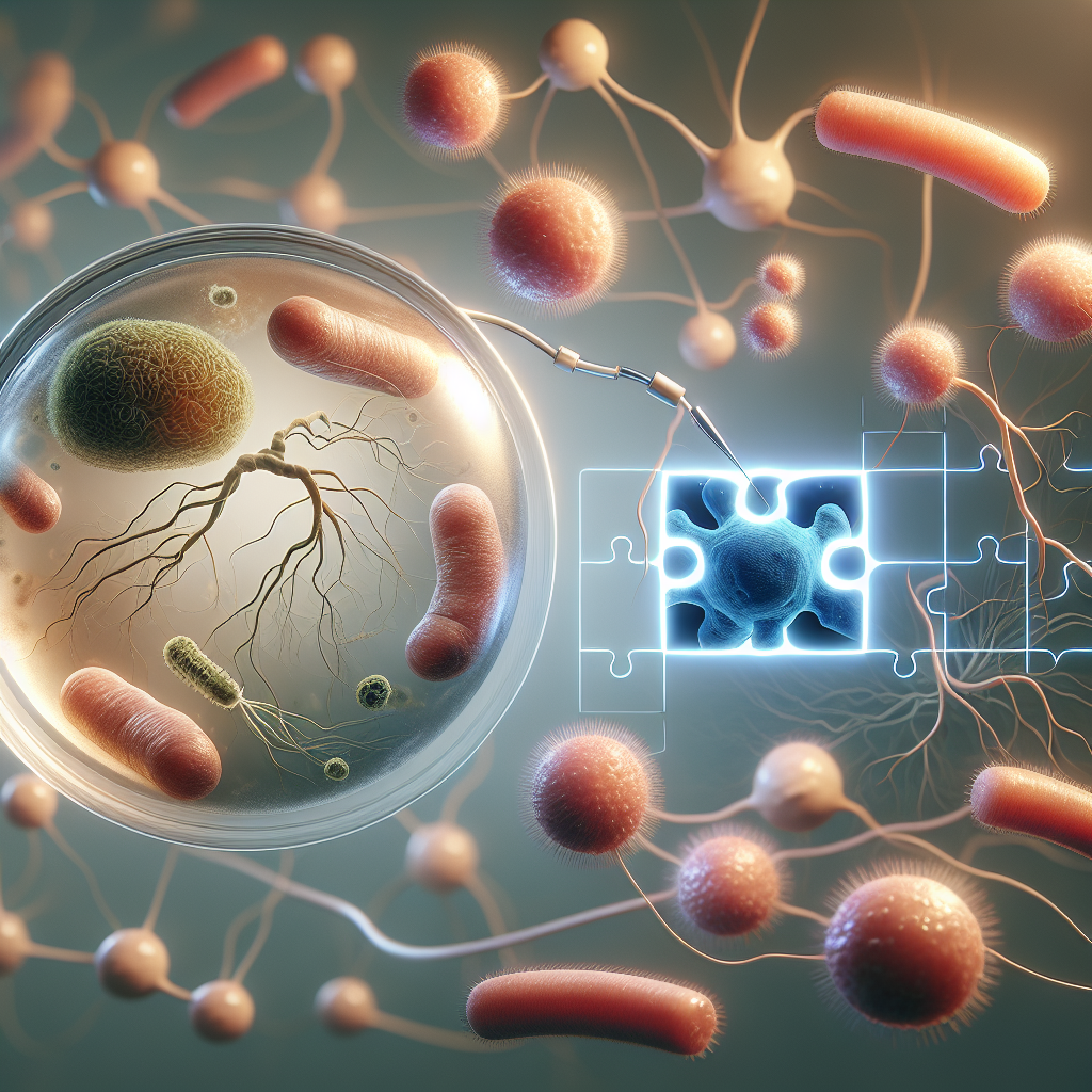 Create a photorealistic image showcasing the concept of microbiome research in relation to ALS and its connection with inflammation. The image should ideally have microscopic views of the microbiome and neurons involved in ALS. There should be symbolic representations such as a puzzle piece or a connected structure to indicate the connection between the microbiome, inflammation and ALS. Natural lighting and soft shadows should be used in the image.