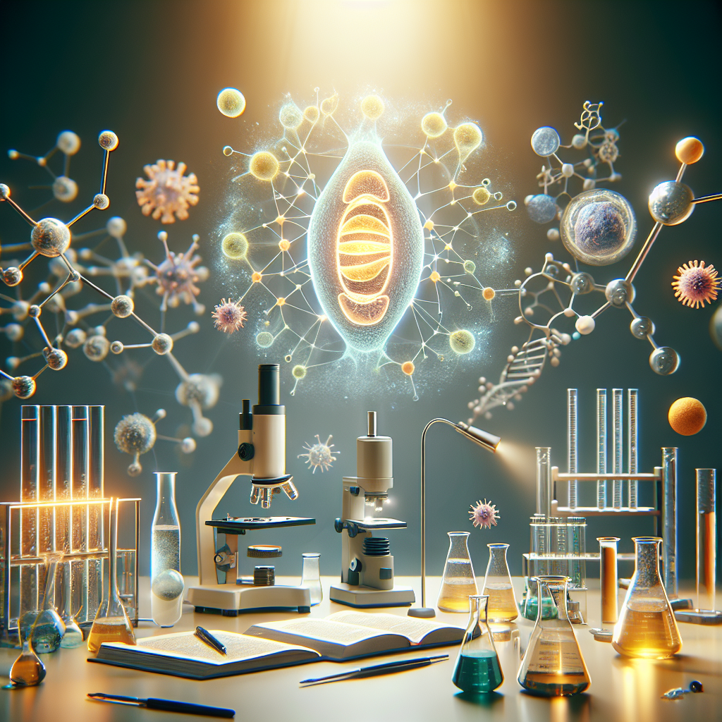Create a photorealistic image that represents the concept of keto-based ALS research. This should include visual references to scientific research, like a laboratory setting or scientific equipment, and ketogenic diet elements, such as foods high in healthy fats and low in carbohydrates. The image should feature a significant focus on mitochondria, perhaps using a graphic representation or symbolism. Emphasize the idea of 'powerful results' with positive imagery, like glowing light or growth. Utilize natural lighting and soft shadows to give the image visual depth and a softer touch.