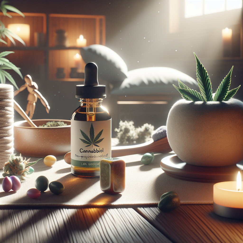 Produce a high-quality, photorealistic image illuminated by natural lighting and softened shadows. This image should be centered around the theme of non-psychoactive relief for muscle cramps provided by cannabidiol, often used for ALS. It could feature a calm setting with a bottle of cannabidiol oil on a table, surrounded by gentle symbols of relief and relaxation, like a soothing cup of herbal tea or a plush, comfortable cushion. Remember to maintain a focus on the therapeutic aspects and the peaceful ambiance associated with relief from muscle cramps.