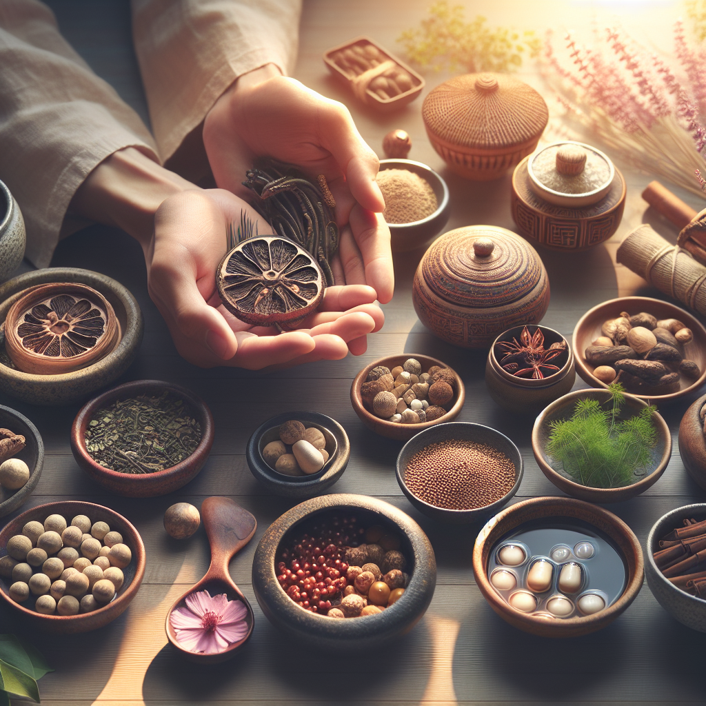 Create an image depicting the concept of Traditional Chinese Medicine assisting in providing symptom relief against ALS (Amyotrophic lateral sclerosis) in today's context. The image should exhibit a sense of hope and improvement, perhaps showing a variety of medicinal herbs and treatments commonly used in the practice, displayed in an inviting manner. Natural lighting and soft shadows should be used for a calming and soothing effect. Please ensure the visuals are high-quality and photorealistic.