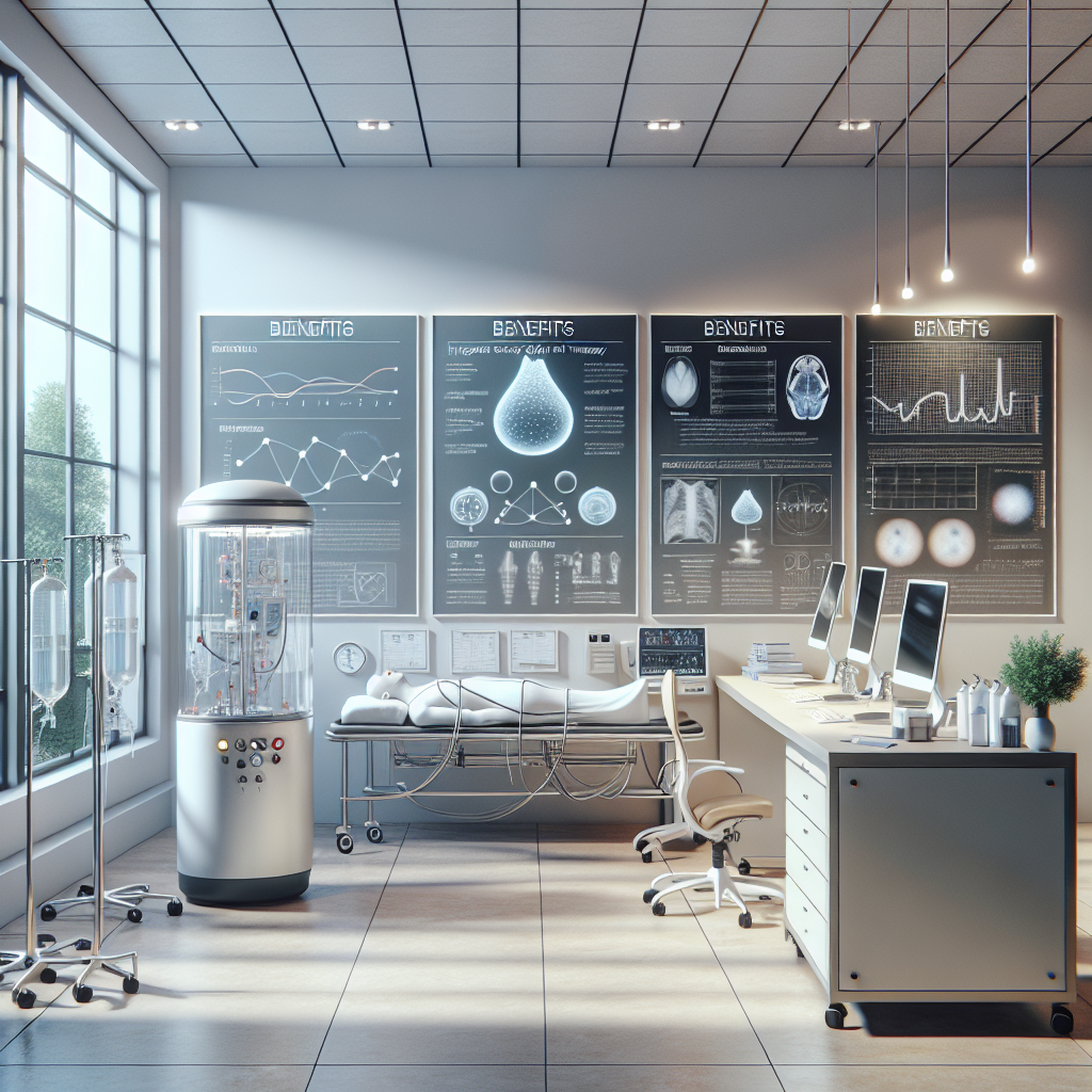 Create a high-quality, photorealistic image showing a neutral scientific environment, possibly a lab with medical charts and graphs on the wall, illustrating benefits of Oxygen Treatment. The setting should include soft shadows and natural lighting. Objects such as a Hyperbaric Oxygen Therapy (HBOT) chamber, oxygen masks, and educational materials highlighting benefits can also be included in the image. The atmosphere should maintain a sense of controversy, perhaps through contrasting visuals or mixed reactions of depicted individuals analyzing the information.