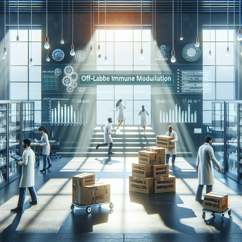 An illustrative image showcasing the concept of affordable off-label immune modulation. The image could depict a serene medical laboratory scenario, with artificial sunlight streaming in from a window, soft shadows cast on the floor. Couriers are rushing in with boxes labeled 'Off-Label Immune Modulation', showcasing the arrival of new successes. A team of healthcare professionals: a Middle-Eastern man, a Hispanic woman, a Caucasian and South Asian male are seen in the process of analyzing these new findings. The lab is filled with technology and data charts illustrating positive results. The impression of this image is one of discovery and health advancements.
