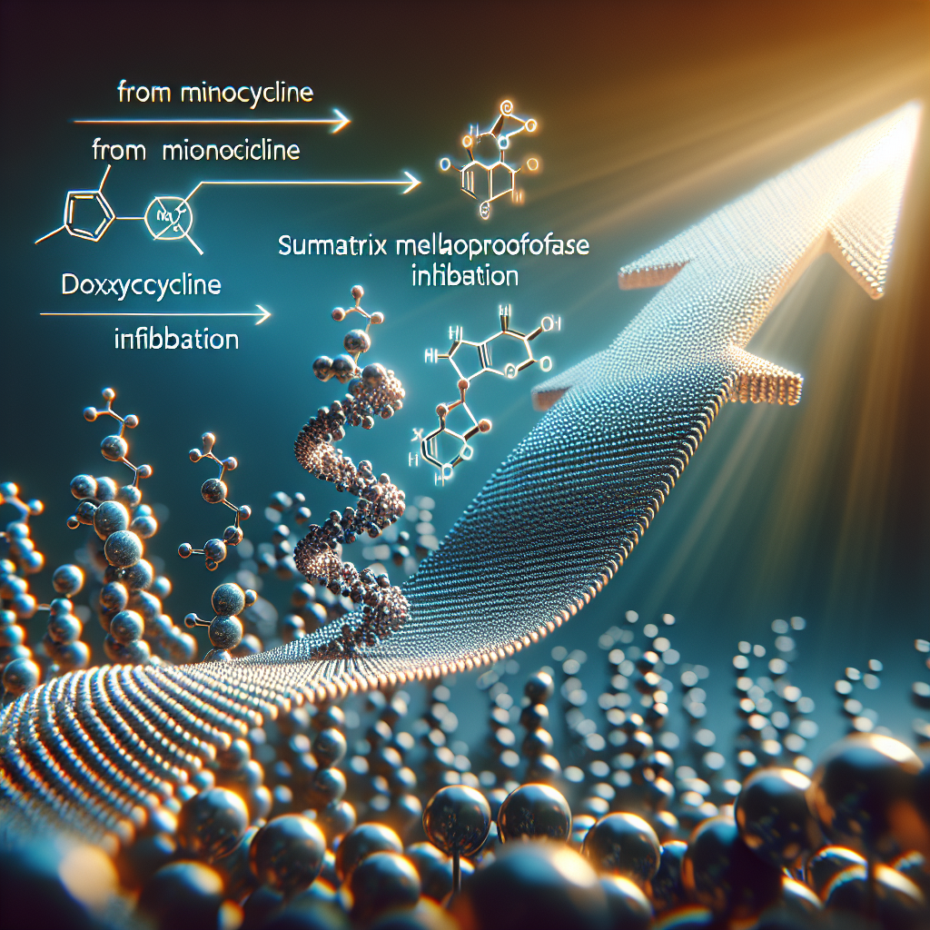 Illustrate a conceptual image representing the transition from Minocycline to Doxycycline in the context of ALS treatment. Show a sleek arrow indicating the transition, with each antibiotic being represented by symbolic molecules. Illustrate the action of Doxycycline as a Matrix Metalloproteinase Inhibitor, featuring submicroscopic enzyme inhibition. The image should showcase natural lighting and soft shadows to highlight the stunning power of this new treatment.