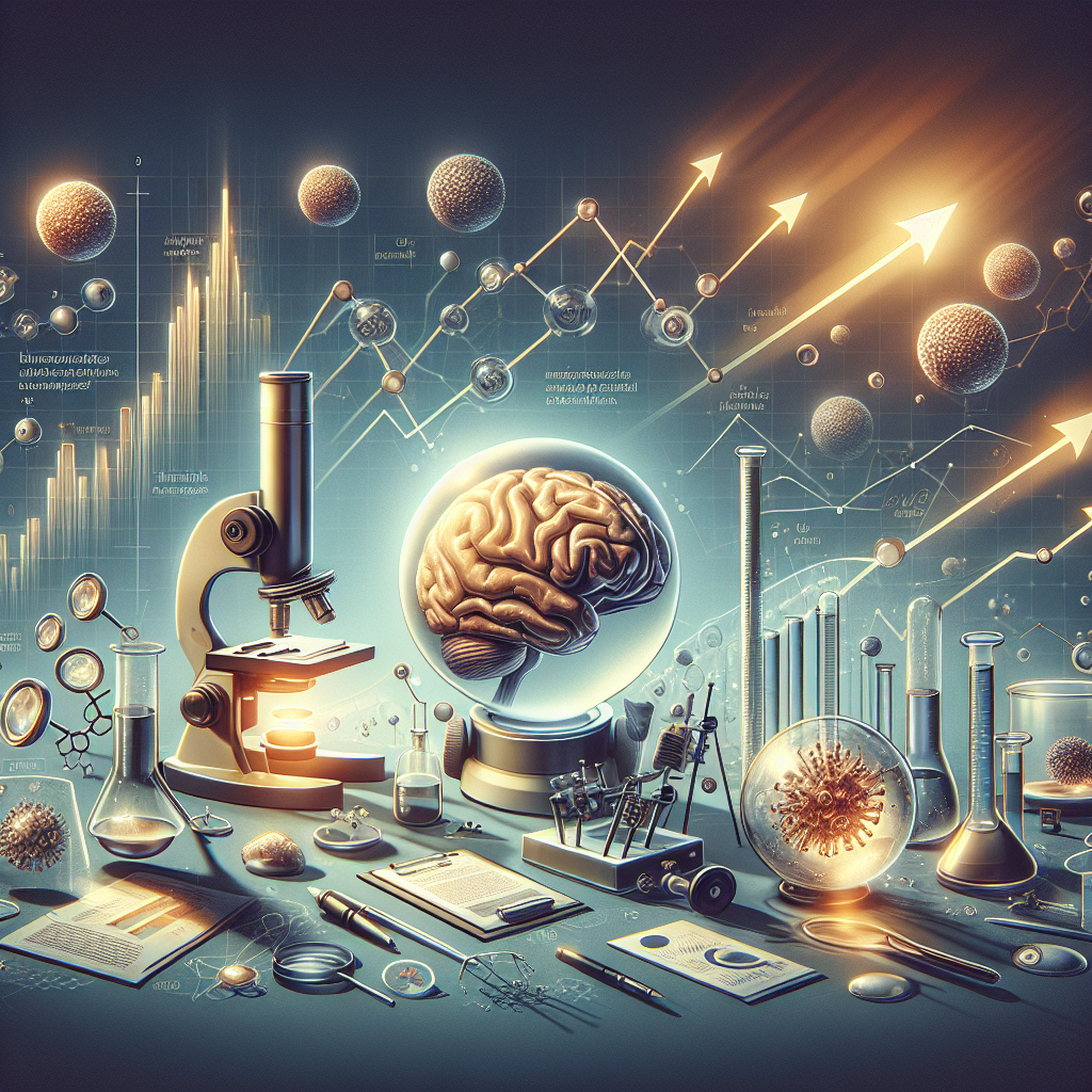A visually stunning and high-quality image that represents the impact of funding in ALS research. Include clear graphics of charts demonstrating upward trends in research developments. Also, showcase inspirational quotes related to scientific discovery. Scatter elements like microscopes, lab equipment, and a spherical model of a human brain subtly under soft, natural light, casting soft shadows. Emphasize in the illustration, the legacy of the IBC, by incorporating symbols and motifs that indications its influential role. All elements should be carefully composed to symbolize hope, progress, and determined pursuit of knowledge.
