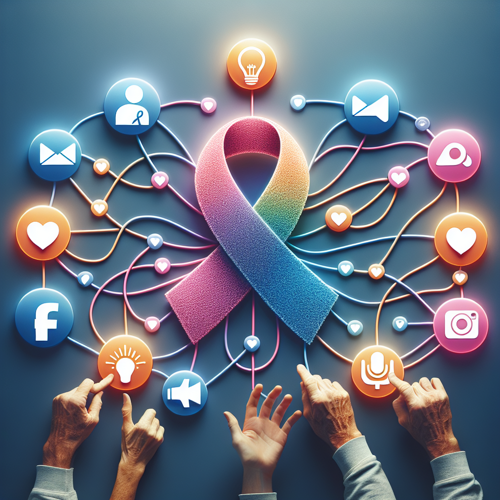 Create a visual representation of online advocacy for ALS awareness. The image should depict a vibrant digital community, symbolized by intertwined circles coming together, with small icons such as hands raised, hearts, lightbulbs, and megaphones to signify action, love, ideas, and advocacy. Use soft shadows and natural lighting effects for a realistic look. In context, these connected circles represent different online platforms. One circle is filled with the color and logo synonymous with Facebook, and the other with the Instagram color gradient and logo. Keep everything non-copyrighted and generic.