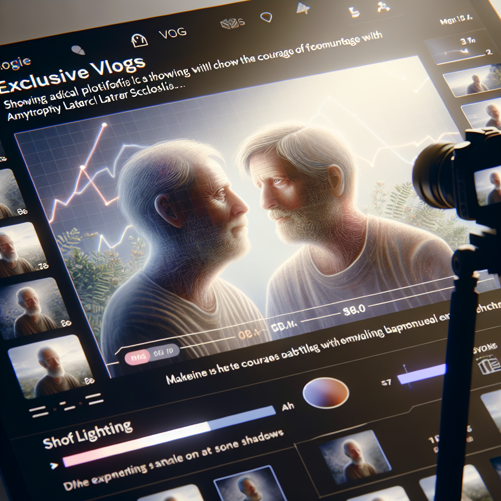 Create a photorealistic image that reflects the theme of a digital platform showing exclusive vlogs documenting the courage of individuals battling with Amyotrophic Lateral Sclerosis (ALS). Highlight the significance of the shared eye gazes, indicating profound emotional exchanges. Make sure to showcase natural lighting and soft shadows in the image.