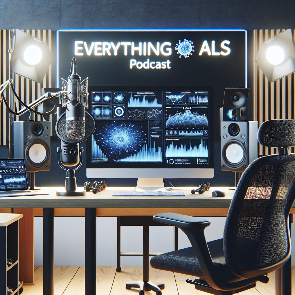 Create a high-quality, photorealistic image using natural lighting and soft shadows. The setting should be a professional podcast recording studio, highlighting an impressive setup with high-tech microphone, comfortable seats, soundproofing equipment, and a computer with breakthrough software that helps in analyzing ALS-related data. The screen should display complex graphs and charts showcasing stunning insights about ALS research. Note: The words 'Everything ALS Podcast' should be seen prominently displayed on the walls of the studio or on the computer screen.
