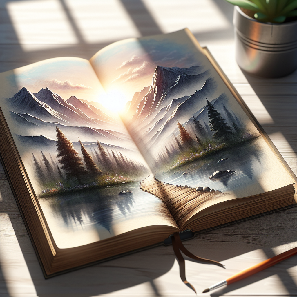 Create a highly detailed, photorealistic scene that symbolizes a journey of rediscovery, growth and purpose after experiencing a traumatic event. Picture an open book placed on a table, the pages catching the soft, natural light as it streams from a nearby window, casting gently dappled shadows. Within the pages of the book, paint a powerful watercolor landscape reflecting the personal journey - mountains representing struggles overcome, a trail portraying the path of recovery and growth, and a sunrise symbolizing the discovery of new purpose. Be sure to capture a sense of tranquility, resilience, and optimism in this visualization of posttraumatic growth