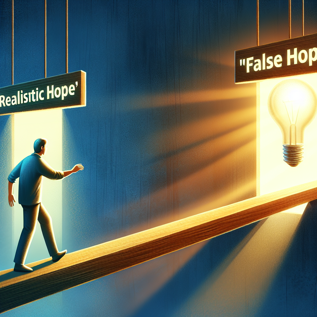 Create a conceptual illustration that captures the essence of 'Realistic Hope' versus 'False Hope' within the context of a health community for ALS (Amyotrophic lateral sclerosis). The scene can incorporate a balance beam that one person is navigating symbolising the delicacy of maintaining 'Realistic Hope'. This South Asian male is effectively moving forward but is also careful and cautious which is lit by natural light. On one end of the beam, there's a bright light representing 'False Hope', while on the other end, a smaller more genuine light representing 'Realistic Hope'. Represent soft shadows to provide a sense of depth to the composition.