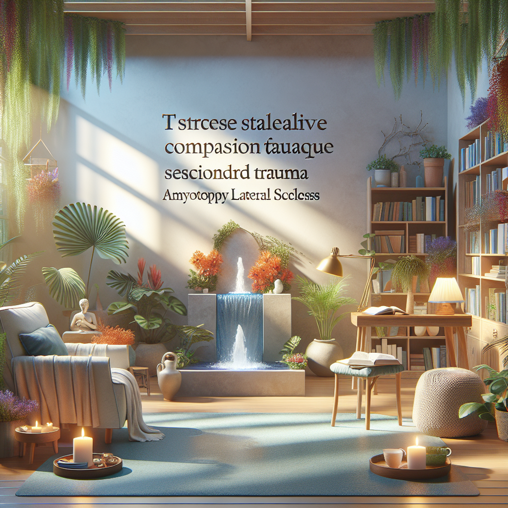 A tranquil scene demonstrating various ways to alleviate compassion fatigue associated with Secondary Trauma in Amyotrophic Lateral Sclerosis (ALS) caregivers. Picture a serene room with soft natural lighting and gentle shadows. This space is filled with resources like informative books on self-care, a meditation corner with vibrant plants, a cozy chair for relaxation, and a table with a warm cup of tea. In the center, a calming water fountain adds to the peaceful ambiance, symbolizing stress relief. The atmosphere is soothing, emulating top strategies to cope with the emotional toll of caregiving.