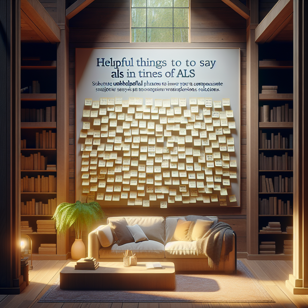 Create a highly detailed photorealistic image spotlighting a serene location, such as a library or a peaceful home interior scene. The image should focus on a large board titled 'Helpful Things to Say in times of ALS: Substitute Unhelpful Phrases with Compassionate Solutions'. Make the board brimming with sticky notes featuring handwritten suggestions on it. Use natural lighting to ensure the readability of the notes and have soft shadows to add depth and emotion to the scene.