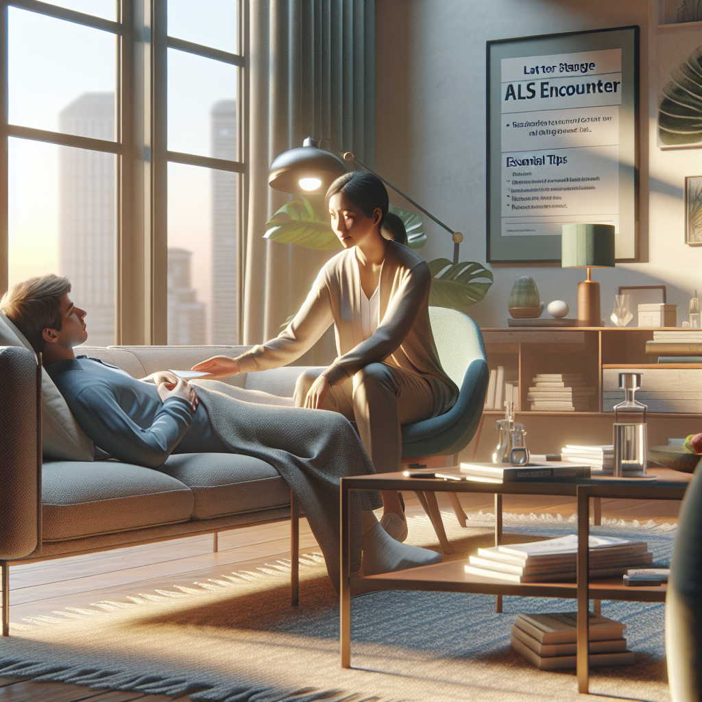 A photorealistic image showing a scene of 'Late Stage Visit Etiquette' for ALS encounter. Focus on portraying a calm and serene atmosphere with natural lighting and soft shadows. A room with comfy furniture, pleasant interior and soothing colors is visible. On the sofa, a careful and kind individual of South-Asian descent is attentively interacting with a patient of Caucasian descent laying comfortably. They are engaged in positive interaction, perhaps a light conversation or shared silence, providing comforting presence. Nearby, on a coffee table, clear visual aids or pamphlets titled 'Essential Tips for a Comforting ALS Encounter' can be spotted.