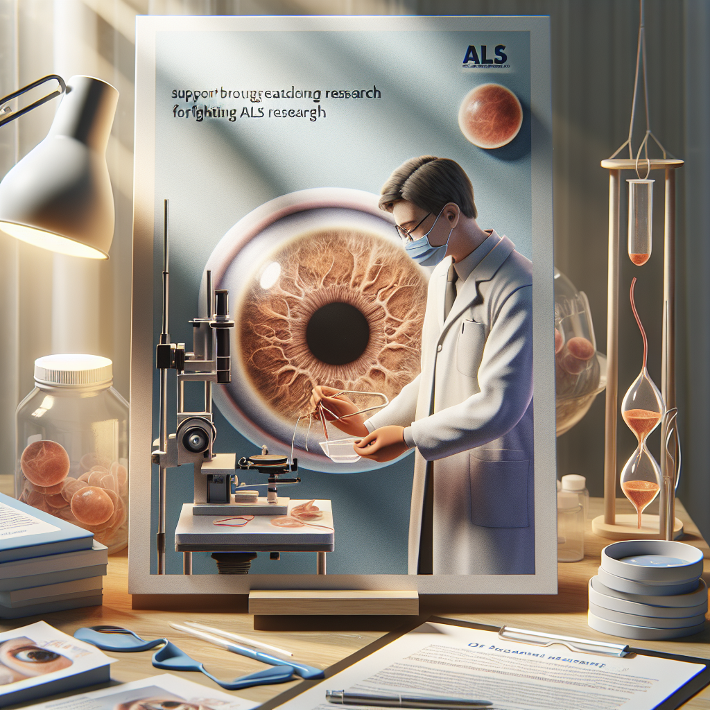 A beautifully arranged scene depicting the process of cornea donation for ALS research. Use natural lighting for a warm, realistic atmosphere with soft shadows. There should be a depiction of a healthcare professional carefully handling cornea tissue in a sanitized environment, their features overshadowed by the importance of their work. Nearby, display informational materials explaining how such donations support groundbreaking research in fighting ALS. The overall scene should evoke feelings of hope, bravery, and the crucial role of the medical science community.