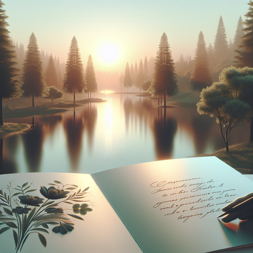 Create an image with a beautiful, serene setting such as a calm lake surrounded by trees under the soft, natural light of a setting sun, casting gentle shadows. In the foreground, there is an elegant, tastefully designed sympathy card opened to reveal handwritten text. The penned message expresses heartfelt condolences for the loss of a loved one due to ALS, using comforting and soothing words to express sympathy, shared sorrow, and supportive sentiments. Use calming colours for the image to evoke a sense of peace and consolation.