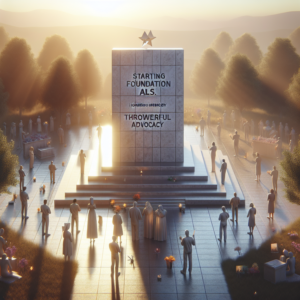 Create a high-quality, photorealistic image featuring a quiet, peaceful setting bathed in natural lighting and soft shadows. In the centre of the scene, visualize a symbolic monument which has an inscription that reads: 'Starting Foundation ALS: Honoring Memory through Powerful Advocacy'. The monument should be surrounded by diverse sets of people - representing different races like Caucasian, Black, South Asian, Hispanic and Middle-Eastern and different genders male, female, and non-binary - who are dedicating flowers, notes and stars in memory. The entire scene should reflect a sense of unity, hope and resilience.