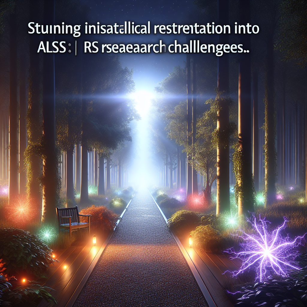 Visualize an image representing a metaphorical representation of stunning insights into ALS research challenges. The scene could display an illuminated path passing through a dense forest which signifies the difficulty, a radiant light spectrum symbolizing the insights and hope, and light fragments scattered around to denote the rare diseases studied. Maintain an emphasis on natural lighting and soft shadows to create a serene ambiance. The scene will blend realism with symbolism to aptly capture the complex research scenario of ALS.