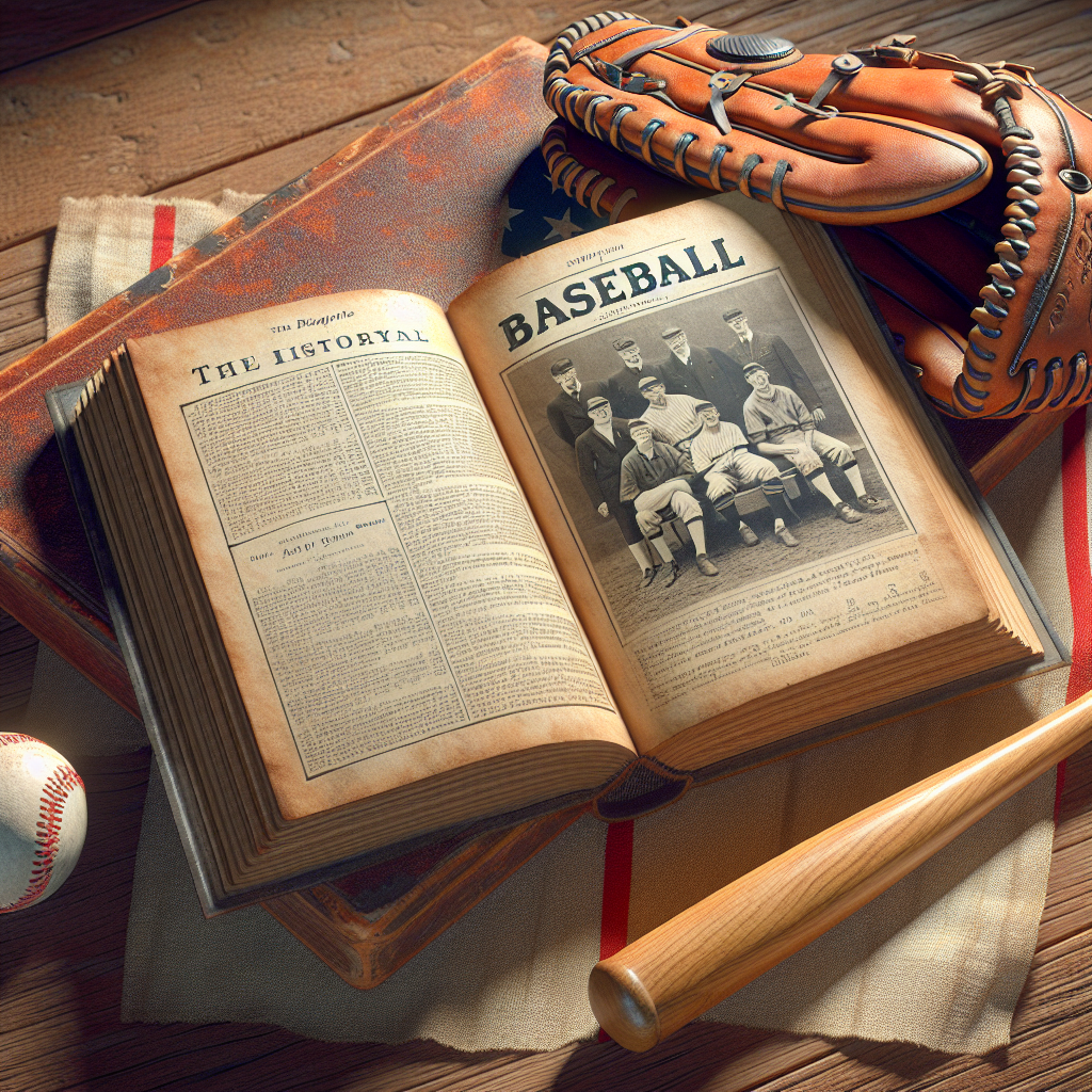 Generate a high-quality, photorealistic image showcasing a vintage baseball scene with natural lighting and soft shadows. The main focal point should be an open, old book displaying a page documenting the history of ALS (Amyotrophic Lateral Sclerosis). Ensure a baseball and vintage baseball mitt are nearby on a hardwood background, subtly hinting at a historical connection to the sport. Avoid specific references to individuals, to maintain respect and privacy.
